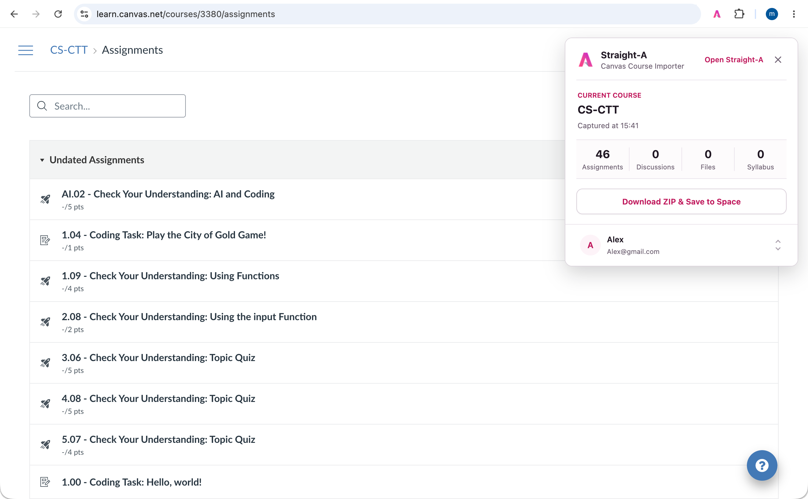 Straight-A Canvas Course Importer open on a Canvas assignments page